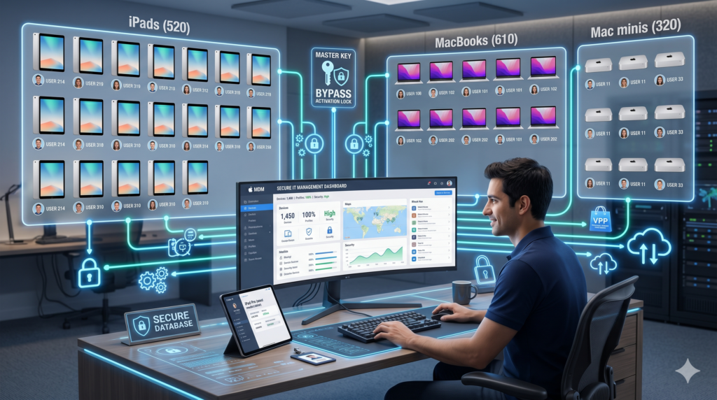 ผู้ดูแลระบบไอทีใช้งานแดชบอร์ดบริหารจัดการ iPad, MacBook และ Mac mini จำนวนมากผ่านระบบ Apple School Manager เพื่อการศึกษาโดย Unity Progress