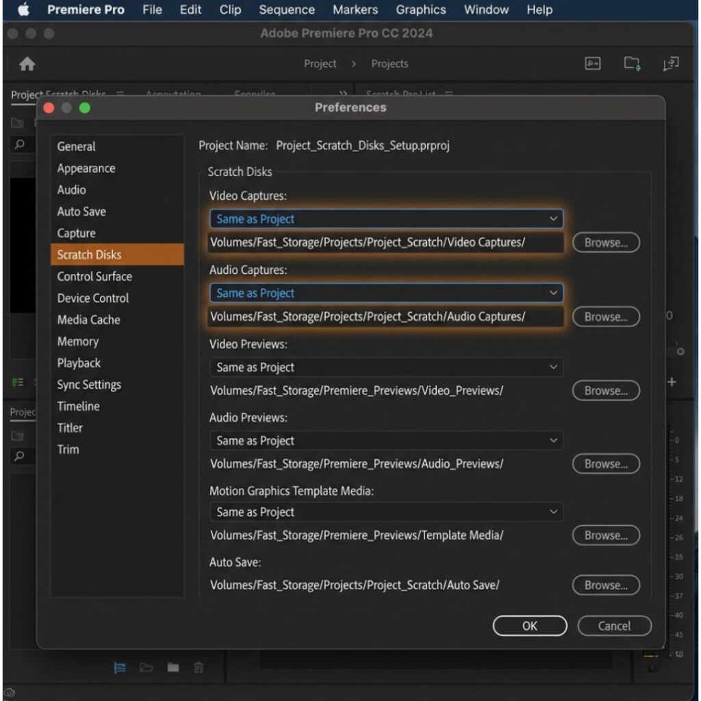 หน้าจอการตั้งค่า Scratch Disk ใน Adobe Premiere Pro 2024 แสดงการเลือก External SSD เพื่อแยกไฟล์วิดีโอและแคช สำหรับงานตัดต่อมืออาชีพของ Unity Progress
