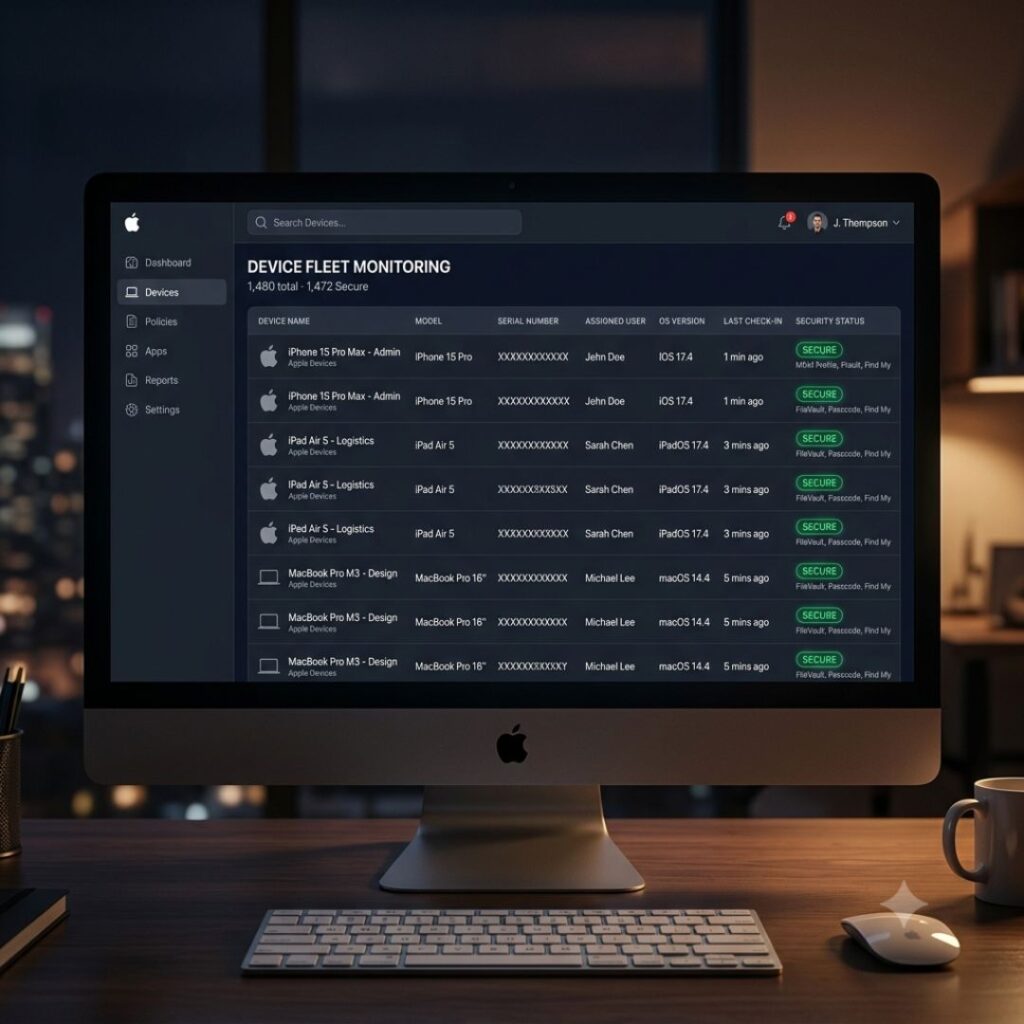 หน้าจอ Device Fleet Monitoring แสดงสถานะความปลอดภัยของ iPhone, iPad และ MacBook แบบรวมศูนย์ผ่านระบบ MDM โดย Unity Progress