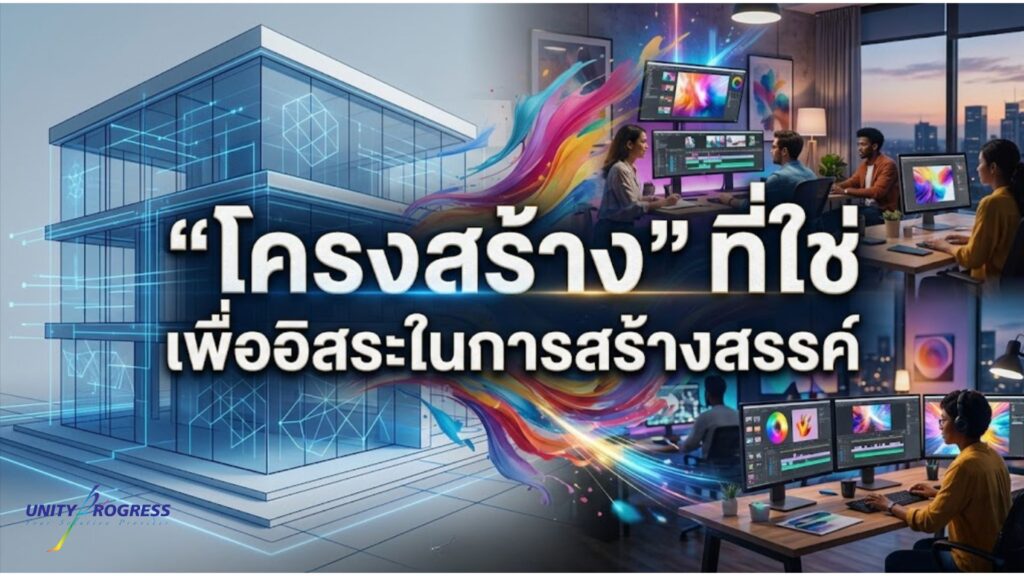 ภาพกราฟิกแสดงการผสานรวมโครงสร้างพื้นฐาน IT เข้ากับทีมสร้างสรรค์ที่ทำงานบน Apple Mac เพื่อประสิทธิภาพงานตัดต่อวิดีโอ 4K/8K สำหรับองค์กรโดย Unity Progress
