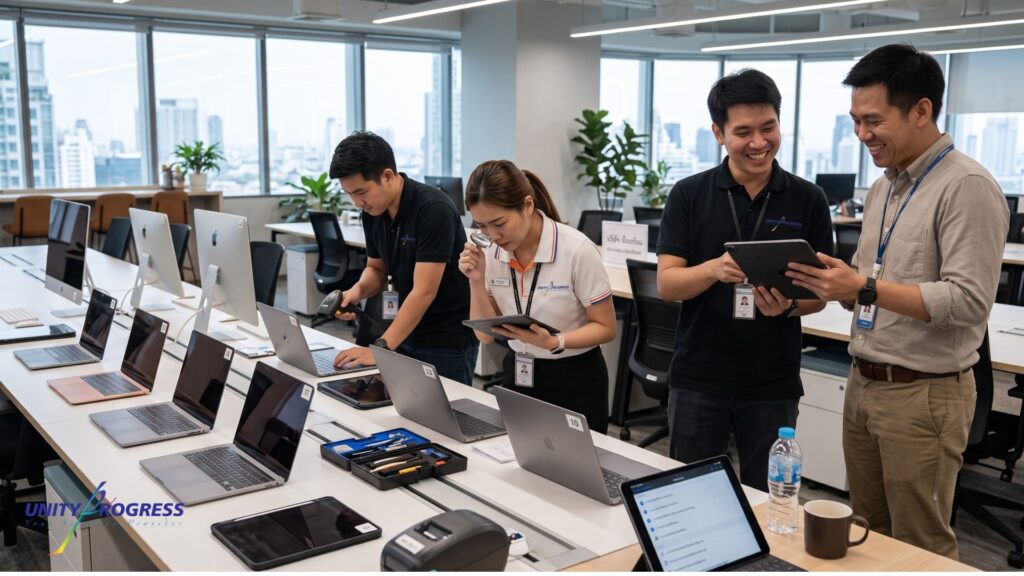 พนักงาน ยูนิตี้ โพรเกรส กำลังตรวจสอบอุปกรณ์ Macbook จำนวนหลายสิบเครื่อง ในองค์กรโดยมีพนักงานยิ้มแย้ม กับลูกค้า