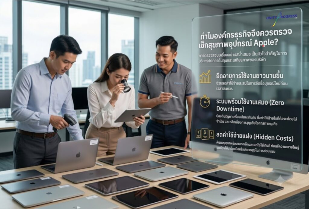 เจ้าหน้าที่ไอที Unity Progress กำลังตรวจสอบสภาพอุปกรณ์ Apple ในออฟฟิศ เพื่อลดค่าใช้จ่ายและเพิ่มประสิทธิภาพการใช้งาน